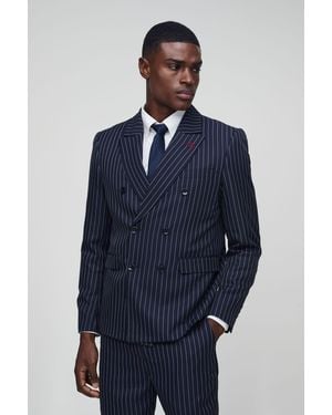 BoohooMAN Relaxed Fit Pinstripe Double Breasted Blazer - Blue