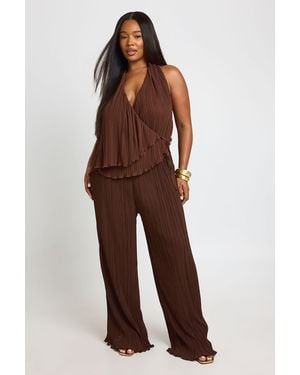 Boohoo Plus Plisse Wide Leg Trousers - Brown