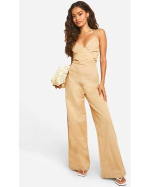 Boohoo Linen Look Strappy Ring Detail Jumpsuit - White