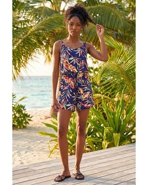 Roman Multi Leaf Print Tie Playsuit - Blue