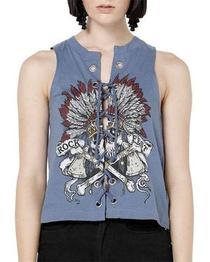 Brave Soul Chief Sleeveless Tops Casual Cotton Blouse Lace Up T Shirt New - Blue