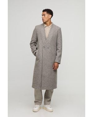 BoohooMAN Oversized Longline Double Breasted Collarless Melton Overcoat - Grey