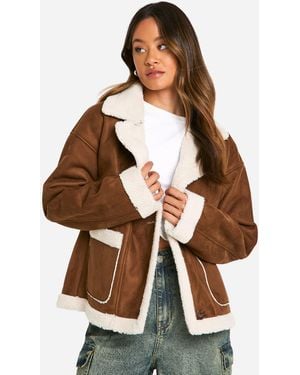 Boohoo Tall Borg Lined Faux Suede Jacket - Brown