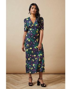 Oasis Floral Satin Tie Velvet Tie Shoulder Midaxi Dress - Blue