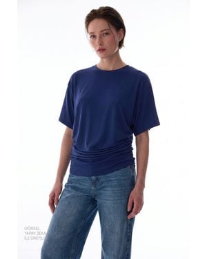 Penti Modal Waist Detail Textured T-Shirt With Gathers - Blue