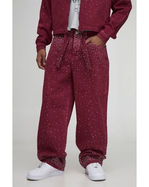 BoohooMAN Relaxed Fit Belted Rhinestone Washed Jeans - Red