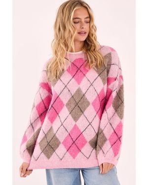 Nasty Gal Brushed Argyle Ballon Sleeve Oversized Jumper - Pink