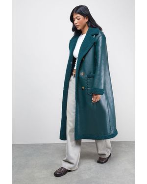 Warehouse Whipstitch Faux Leather Shearling Coat - Blue