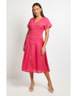 PRINCIPLES Pleated Waist Midi Linen Dress - Red