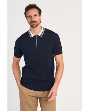 Kensington Eastside Dark Cotton Short Sleeve 1/4 Zip Polo Shirt - Blue