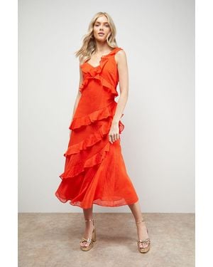 Oasis Dobby Ruffle V Neck Tiered Midi Dress