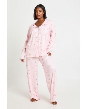 Boohoo Plus Bunny And Bow Print Long Sleeve Shirt & Trouser Pyjama Set - Pink
