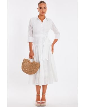 Quiz Embroidered Midaxi Shirt Dress Cotton - White