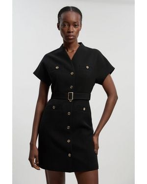 Karen Millen Petite Textured Compact Stretch High Neck Belted Mini Dress - Black