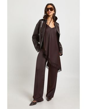 Boohoo Lace Trim Satin Cami & Trouser Co Ord - Brown