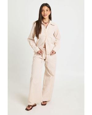 Boohoo Cotton Poplin Stripe Wide Leg Trousers - Natural