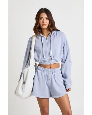 Boohoo Washed Zip Through Hoodie And Henley Short Tracksuit - Blue