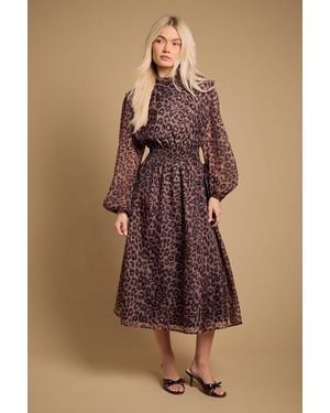 Oasis Floral Organza Shirred Waist Midi Dress - Brown