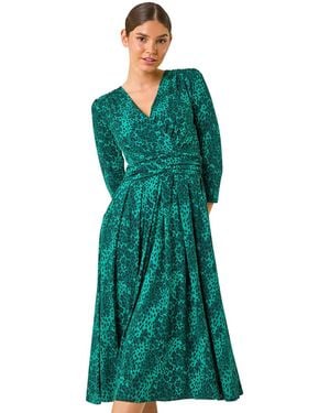 Roman Animal Print Mock Wrap Midi Dress - Green