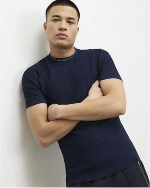River Island T-Shirt Muscle Fit Zig Zag Textured - Blue