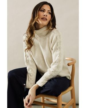 Wallis Roll Neck Ribbed Sleeve Detail Jumper - Natural