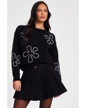 Quiz Knit Flower Stitch Jumper - Black