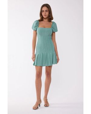 Hiccup Short Sleeve Square Neck Mini Dress With Balloon Sleeves - Blue