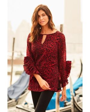 Sosandar Leopard Print Ruffle Cuff Top - Red