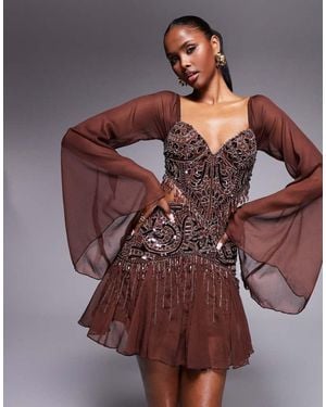 ASOS Fluted Sleeve Mini Dress With Placement Embellishment - Brown