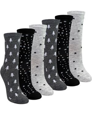 Sock Snob 6 Pairs Ladies Stars And Trees Patterned Socks - Black