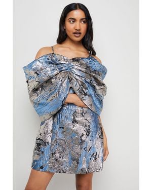 Warehouse Metallic Jacquard Dramatic Sleeves Mini Dress - Blue