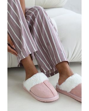 Where's That From Wheres 'Xandra' Suede Mule Slippers With Cosy Faux Fur Trim - Pink