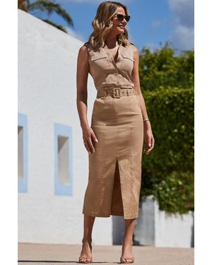 Sosandar Camel Belted Midi Skirt - Green