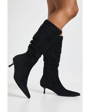 Boohoo Faux Suede Ruched Knee High Boots - Black