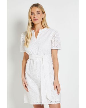 Wallis Petite Broderie Collarless Belted Shift Dress - White