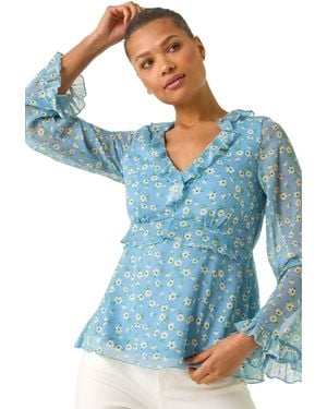 Roman Ditsy Floral Print Frilled Top - Blue