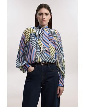 Karen Millen Geo Printed Viscose Georgette Pussybow Woven Blouse - Blue