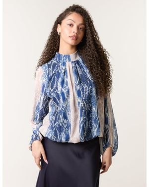 Blue Vanilla Snake Skin High Neck Blouse - Blue