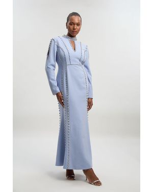 Karen Millen Plus Size Crystal Embellished Woven Plunge Detail Maxi Dress - Blue