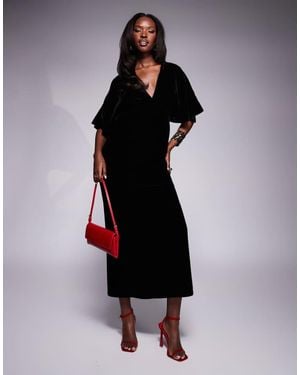 ASOS Plunge Front Velvet Flutter Sleeve Midaxi Dress - Black