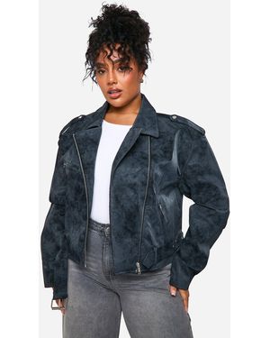 Boohoo Plus Vintage Look Faux Leather Biker Jacket - Blue