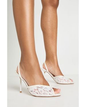 Boohoo Bridal Beaded Lace Slingback Open Toe Heels - White