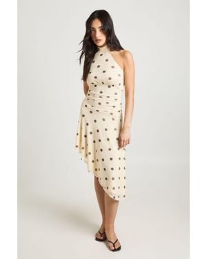 Boohoo Polka Dot Printed Mesh Halterneck Cinced Waist Asym Hem Dress - Natural