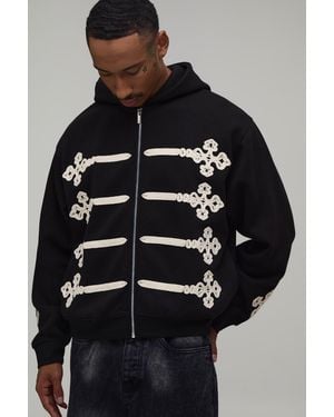 BoohooMAN Oversized Boxy Embroidered Zip Through Hoodie - Black