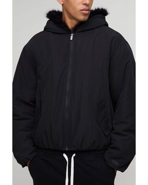 BoohooMAN Oversized Faux Fur Trim Hooded Bomber Jacket - Blue