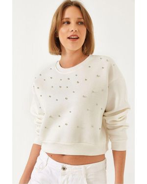 Bianco Lucci Patterned Crew Neck Pullover With Pompom - White
