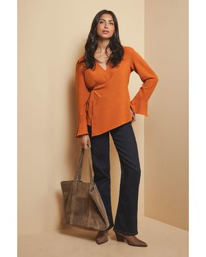Wallis Woven Flute Sleeve Wrap Blouse - Orange