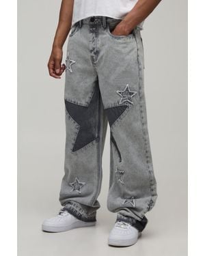 BoohooMAN Star Patchwork Relaxed Fit Jeans - Grey