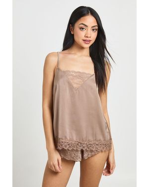 Boohoo Satin Lace Panel Detail Cami & Short Pyjama Set - Brown