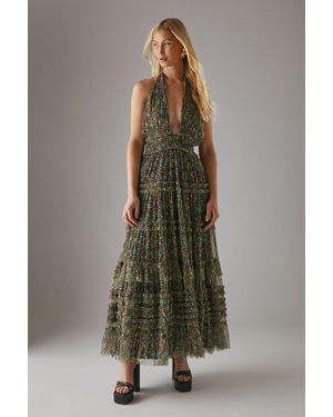 Warehouse Tulle Halter Shirred Waist Tier Maxi Dress - Multicolour